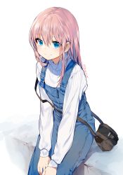Rule 34 | 1girl, bag, blush, closed mouth, eyebrows, flat chest, hair between eyes, long hair, long sleeves, looking at viewer, original, overalls, pink hair, ribbed sweater, shoulder bag, sitting, smile, solo, strap slip, sukja, sweater, turtleneck, v arms, white background, white sweater