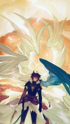 Rule 34 | 1boy, ahoge, armor, arms at sides, backlighting, belt, bishounen, blue belt, blue wings, breastplate, brown hair, brown wings, cape, cloud, cloudy sky, dawn, facing viewer, falling feathers, feathered wings, feathers, fingerless gloves, floating clothes, floating hair, gloves, granblue fantasy, hair between eyes, highres, holding, holding sword, holding weapon, hood, hood down, light smile, looking at viewer, male focus, messy hair, orange sky, red eyes, red wings, sandalphon (granblue fantasy), short hair, sky, solo focus, sword, t of game, weapon, white cape, white wings, wings
