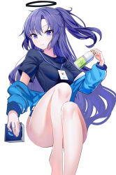 Rule 34 | 1girl, barefoot, black shirt, blue archive, blue buruma, blue jacket, blush, bottle, breasts, buruma, closed mouth, commentary, cube, facial mark, feet out of frame, half updo, halo, hand up, highres, holding, holding bottle, id card, jacket, lanyard, long hair, long sleeves, looking at viewer, medium breasts, off shoulder, official alternate costume, open clothes, open jacket, parted bangs, partially unzipped, ponytail, puffy long sleeves, puffy sleeves, purple eyes, purple hair, ririko (zhuoyandesailaer), shirt, sidelocks, simple background, smile, solo, star (symbol), star sticker, sticker on face, thighs, track jacket, very long hair, water bottle, white background, yuuka (blue archive), yuuka (track) (blue archive)