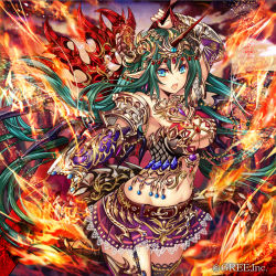 Rule 34 | 1girl, arm up, armor, belt, belt buckle, bikini armor, black thighhighs, blue eyes, blurry, blurry background, breasts, brown belt, buckle, closed mouth, company name, cowboy shot, dragon girl, dragon horns, dragon wings, elbow gloves, fire, floating hair, forehead jewel, garter straps, gem, gloves, greatsword, green hair, groin, hair between eyes, head chain, holding, holding weapon, horns, jewelry, kaizoku ookoku koronbusu, lace, lace-trimmed skirt, lace trim, large breasts, legs together, long hair, looking at viewer, madogawa, miniskirt, navel, necklace, official art, open mouth, outstretched arm, pleated skirt, pointy ears, purple skirt, pyrokinesis, red gloves, scale armor, sidelocks, single garter strap, single glove, skirt, solo, standing, stomach, sword, thighhighs, vambraces, very long hair, weapon, wind, wings