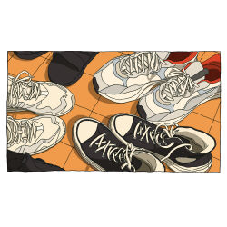 Rule 34 | alleyropolis, black footwear, border, converse, footwear focus, from above, grey footwear, highres, no humans, original, shoelaces, shoes, slippers, sneakers, still life, tile floor, tiles, white border, white footwear