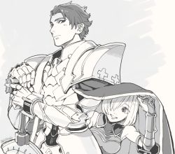 Rule 34 | 1boy, 1girl, armor, bad id, bad twitter id, bare shoulders, fate/grand order, fate (series), father and daughter, greyscale, kijinoido, lancelot (fate/grand order), lips, looking at another, mash kyrielight, monochrome, peeking out, shared cape, shared clothes, smile, twitter username, under another&#039;s clothes, upper body