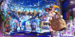 Rule 34 | 6+girls, absurdres, animal ear fluff, animal ears, backpack, bag, black legwear, blonde hair, cactus, checkered floor, chess piece, chinese commentary, clock, clover theater, commentary request, dress, fish, fish tank, fur-trimmed dress, fur trim, globe, gloves, hair between eyes, haruru (clover theater), hat, highres, indoors, king (chess), looking at viewer, looking back, multiple girls, plant, potted plant, prinz eugen1938, short hair, single thighhigh, standing, tail, thighhighs, weibo watermark, witch hat, yellow dress