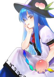 Rule 34 | 1girl, black hat, blue skirt, blush, breasts, commentary, cowboy shot, dress, food, fruit, hair between eyes, hand on own chin, hat, highres, hinanawi tenshi, hitsujike (hamsterhouse), holding, holding food, holding fruit, licking lips, long hair, looking at viewer, neck ribbon, peach, red ribbon, ribbon, short sleeves, simple background, sitting, skirt, small breasts, smile, solo, tongue, tongue out, touhou, twitter username, white background, white dress