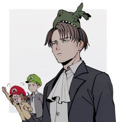 Rule 34 | 1girl, 2boys, ascot, black jacket, blonde hair, border, brown hair, clenched hand, closed mouth, collared shirt, erwin smith, furrowed brow, glasses, grey background, grey jacket, hange zoe, highres, jacket, levi (shingeki no kyojin), luigi hat, mario hat, multiple boys, oimo (oimkimn), open mouth, parted bangs, ponytail, shingeki no kyojin, shirt, short hair, smile, suit jacket, thick eyebrows, upper body, white ascot, white border, white shirt, yellow shirt