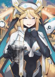 Rule 34 | 1girl, absurdly long hair, absurdres, armored bodysuit, black dress, black gloves, blonde hair, blue eyes, blush, bodysuit, braid, breasts, capelet, cleavage, commentary, cup, dress, elbow gloves, gloomyowl, gloves, goddess of victory: nikke, habit, hair between eyes, hand up, highres, holding, holding cup, large breasts, long braid, long hair, looking at viewer, mechanical wings, nun, open mouth, pussy juice, rapunzel (nikke), see-through, see-through cleavage, sidelocks, single braid, smile, solo, standing, teeth, upper teeth only, very long hair, white bodysuit, white capelet, wings