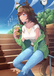 Rule 34 | 1girl, absurdres, ahoge, animal ears, belt, blouse, blue eyes, blue pants, blue sky, blush, breasts, brown hair, cleavage, clock, coffee cup, commentary request, contrail, cup, day, denim, disposable cup, feet out of frame, green jumpsuit, hair ornament, hat, highres, holding, holding cup, horse ears, horse girl, horse tail, jacket, jeans, jumpsuit, large breasts, long hair, long sleeves, mini hat, mini top hat, mr. c.b. (umamusume), mukunokino isshiki, on railing, open clothes, open jacket, outdoors, pants, railing, roman numeral, shirt, sitting, sky, solo, stairs, striped clothes, striped jacket, tail, top hat, translation request, tree, umamusume, vertical-striped clothes, vertical-striped jacket, very long hair, white hat, white shirt