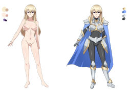 Rule 34 | 1girl, armor, barefoot, blonde hair, blue cape, breasts, cape, character sheet, closed mouth, collarbone, commentary, completely nude, fantasy, female pubic hair, full body, hall onon, highres, knight, large breasts, long bangs, long hair, looking at viewer, navel, nipples, no pussy, nude, original, pubic hair, saria (hall onon), solo