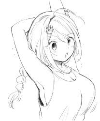 Rule 34 | 1girl, ahoge, arm up, braid, breasts, chougei (kancolle), commentary request, hair ornament, hairclip, highres, kantai collection, kirisawa juuzou, large breasts, lineart, long hair, monochrome, open mouth, single braid, solo, stretching, tank top, translation request, whale hair ornament