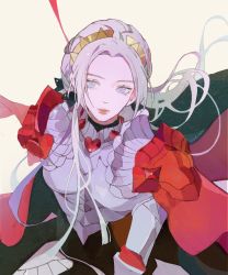 Rule 34 | 1girl, alternate hairstyle, armor, artist request, axe, breastplate, breasts, cape, edelgard von hresvelg, fire emblem, fire emblem: three houses, fire emblem warriors, fire emblem warriors: three hopes, gloves, hair ornament, hair ribbon, highres, long hair, looking at viewer, medium breasts, nintendo, official alternate costume, purple eyes, red cape, ribbon, simple background, solo, weapon, white hair