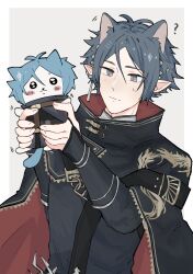 Rule 34 | 1boy, ?, absurdres, animal ears, arknights, aryo 77c, black cape, black shirt, blue eyes, blue hair, blush, border, brown background, cape, cat ears, chiikawa, commentary request, extra ears, frown, hachiware (chiikawa), highres, holding, holding stuffed toy, long sleeves, male focus, pointy ears, red cape, shirt, simple background, solo, stuffed toy, two-sided cape, two-sided fabric, upper body, zuo le (arknights)