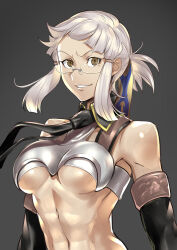 Rule 34 | 1girl, abs, breasts, chest armor, detached sleeves, fate (series), glasses, grey background, ippo, large breasts, looking at viewer, navel, necktie, penthesilea (fate), ponytail, short hair, smile, teeth, underboob, white hair, yellow eyes
