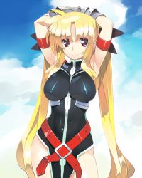 Rule 34 | 00s, 1girl, ahoge, armband, armor, armpits, arms behind head, arms up, belt, blonde hair, breasts, cloud, day, dress, fate testarossa, fate testarossa (true sonic form), female focus, gauntlets, large breasts, loincloth, long hair, lyrical nanoha, magical girl, mahou shoujo lyrical nanoha, outdoors, red eyes, ryuuta (msxtr), shiny clothes, sky, smile, solo, standing, turtleneck, twintails, very long hair