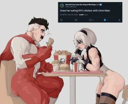 Rule 34 | 1boy, 1girl, 2b (nier:automata), black hair, blindfold, burger, chair, chicken (food), commentary, cup, drink, eating, english commentary, english text, facial hair, food, formal, french fries, fried chicken, gloves, hairband, highres, holding, holding food, invincible (series), kfc, mustache, nier:automata, nier (series), omni-man, pantyhose, red suit, screenshot inset, suit, table, tweet, white hair, white suit, yoracrab