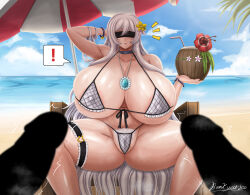 Rule 34 | !, 1girl, 2boys, beach, bikini, blurry, blurry foreground, breasts, cameltoe, cleft of venus, covered eyes, dungeon fighter online, female pubic hair, flower, gigantic breasts, hair flower, hair ornament, holding, imminent penetration, jewelry, micro bikini, multiple boys, necklace, ocean, penis, pubic hair, shiny skin, sitting, spread legs, swimsuit, thick thighs, thighs, umbrella, water, white bikini, yellow flower, yeoljoo