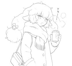 Rule 34 | 1girl, :d, ahoge, animal ears, bag, bell, bow, coat, commentary request, cup, disposable cup, gloves, greyscale, hair bell, hair bow, hair ornament, hand in pocket, hand up, handbag, highres, holding, holding cup, horizontal pupils, lineart, long hair, long sleeves, low twintails, monochrome, open mouth, original, scarf, sheep ears, sheep girl, smile, solo, steam, terayamaden, translation request, twintails, upper body, winter clothes, winter coat