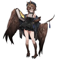 Rule 34 | 1girl, :o, animal ears, bare shoulders, beret, black bow, black headwear, black jacket, black skirt, book, bow, breasts, brown eyes, brown hair, brown wings, claws, clover theater, eyewear strap, feathered wings, full body, glasses, hair ornament, hairband, hairpin, harpy, hat, holding, holding book, jacket, long hair, looking at viewer, medium breasts, monster girl, norris (clover theater), official art, shirt, shisantian, skirt, sleeveless, sleeveless shirt, solo, transparent background, white shirt, winged arms, wings