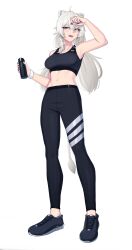 Rule 34 | 1girl, ahoge, animal ears, anstatic, arm up, armband, armpits, black footwear, black nails, black pants, bottle, breasts, commentary request, crop top, fingernails, grey eyes, grey hair, hair between eyes, highres, holding, holding bottle, hololive, lion ears, lion girl, lion tail, long hair, medium breasts, navel, pants, shishiro botan, sleeveless, solo, sportswear, sweatdrop, tail, teeth, upper teeth only, virtual youtuber, white armband