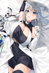 Rule 34 | 1girl, absurdres, bare shoulders, belt, black dress, black thighhighs, blue eyes, blush, breasts, cleavage, dress, elbow gloves, gloves, grey hair, highres, large breasts, long hair, looking at viewer, lying, on back, s-rank boukensha de aru ore no musume tachi wa juudo no fathercon deshita, shunichi, solo, sword, thighhighs, two-tone dress, weapon, white dress, white gloves