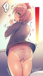 Rule 34 | 1girl, artist name, ass, between legs, black jacket, blue eyes, blush, bow, brown hair, brown sweater, closed mouth, doki doki literature club, embarrassed, female focus, from behind, hair bow, half-closed eyes, hand between legs, hand up, have to pee, indoors, jacket, japanese text, kakuume, kneehighs, long sleeves, looking at viewer, looking back, panties, peeing, peeing self, pink panties, red bow, sayori (doki doki literature club), school uniform, shiny skin, shirt, short hair, signature, socks, solo, speech bubble, standing, standing on one leg, sunlight, sweat, sweater, tears, translation request, trembling, underwear, urine meter, wet, wet clothes, wet panties, white shirt, white socks, window