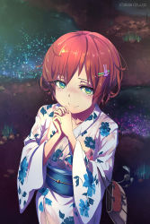 Rule 34 | 1girl, bad id, bad pixiv id, brown hair, collarbone, green eyes, hair ornament, highres, interlocked fingers, japanese clothes, kimono, loup, original, outdoors, own hands clasped, own hands together, sash, short hair, smile, solo, yukata