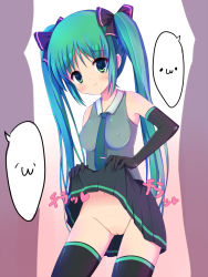 Rule 34 | 1girl, bad id, bad pixiv id, breasts, cleft of venus, clothes lift, covered erect nipples, elbow gloves, gloves, green eyes, green hair, hair ribbon, hatsune miku, long hair, matching hair/eyes, navel, necktie, no panties, pussy, ribbon, skirt, skirt lift, small breasts, solo, tanuxu, thighhighs, twintails, uncensored, very long hair, vocaloid