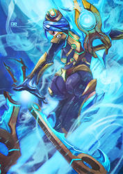 Rule 34 | 1girl, absurdres, ass, blade, blue hair, bodysuit, commentary, from behind, frostblade irelia, gloves, highres, ice, irelia, league of legends, looking at viewer, looking back, monori rogue, red eyes, short hair, signature, solo, thighs