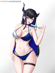 Rule 34 | 1girl, absurdres, asymmetrical horns, azurecruiser, bikini, black hair, blue hair, breasts, choker, collarbone, colored inner hair, cowboy shot, demon horns, food, hand up, highres, holding, holding food, holding popsicle, hololive, hololive english, horns, large breasts, mole, mole under eye, multicolored hair, navel, nerissa ravencroft, open mouth, patreon username, popsicle, red eyes, solo, stomach, swimsuit, thigh gap, thigh strap, tongue, tongue out, two-tone bikini, two-tone hair, virtual youtuber