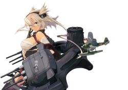Rule 34 | 10s, 1girl, ahoge, aircraft, airplane, artist name, black gloves, black thighhighs, blockhead bh, blonde hair, breasts, cannon, dark-skinned female, dark skin, english text, fairy (kancolle), fingerless gloves, glasses, gloves, goggles, goggles on head, headgear, kantai collection, large breasts, long hair, looking at viewer, musashi (kancolle), personification, pilot, pointy hair, red eyes, rimless eyewear, sarashi, seaplane, semi-rimless eyewear, shiny skin, simple background, smile, thighhighs, twintails, type 0 observation seaplane, under-rim eyewear, white background