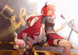 Rule 34 | absurdres, arknights, belt, bespectacled, choker, crop top, cross, glasses, gloves, graffiti, highres, horns, long hair, looking at viewer, official alternate costume, purple eyes, red hair, sign, sitting, skateboard, skirt, slit pupils, solo, spray can, surtr (arknights), surtr (liberte echec) (arknights), wushier