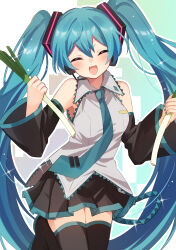 Rule 34 | 1girl, :d, ^ ^, absurdres, aqua hair, aqua nails, black skirt, black sleeves, blush, boots, closed eyes, detached sleeves, food, grey shirt, hatsune miku, headset, highres, holding, holding food, long hair, meruko-san, multicolored background, necktie, open mouth, shirt, skirt, smile, solo, spring onion, twintails, vocaloid