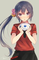 Rule 34 | 10s, 1girl, akebono (kancolle), alternate costume, bell, bowl, commentary request, employee uniform, fast food uniform, flower, grey background, hair bell, hair between eyes, hair flower, hair ornament, highres, kantai collection, long hair, looking at viewer, nakau, purple eyes, purple hair, side ponytail, simple background, solo, tebi (tbd11), uniform