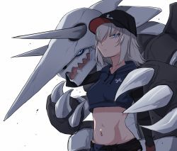 Rule 34 | 10s, 1girl, aggron, baseball cap, black hat, black shorts, blue eyes, closed mouth, commentary, creatures (company), crop top, emblem, frown, game freak, gen 3 pokemon, girls und panzer, glaring, groin, half-closed eyes, hat, highres, hood, hoodie, itsumi erika, long hair, long sleeves, looking at viewer, midriff, nintendo, pokemon, pokemon (creature), shorts, silver hair, simple background, standing, toku (yhpv8752), upper body, white background