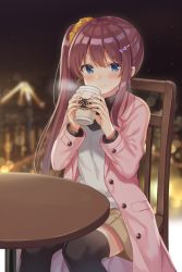 Rule 34 | 1girl, black sweater, black thighhighs, blue eyes, blurry, blush, bokeh, brown hair, brown skirt, buttons, chair, closed mouth, coat, coffee cup, cup, depth of field, disposable cup, feet out of frame, hair ornament, hair scrunchie, hairclip, hands up, holding, holding cup, light, long coat, long hair, long sleeves, looking at viewer, miniskirt, night, night sky, open clothes, open coat, orange scrunchie, original, outdoors, pink coat, railing, scrunchie, shiromikan, shirt, side ponytail, sidelocks, sitting, skirt, sky, smile, snowing, solo, steam, sweater, table, thighhighs, turtleneck, turtleneck sweater, white shirt, wing collar, winter, zettai ryouiki