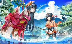 Rule 34 | 2girls, black hair, blue sky, blurry, blurry background, brother and sister, brown eyes, clothes lift, cloud, day, detached sleeves, fish, fishing, flower, food fantasy, forest, hair flower, hair ornament, hairband, highres, japanese clothes, leaf, lifting own clothes, long hair, looking at viewer, mountainous horizon, multiple girls, nature, net, official art, popuru, short hair, shorts, siblings, skirt, skirt lift, sky, standing, summer, tree, water, wet, wet hair, wind