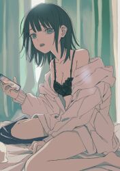 Rule 34 | 1girl, backlighting, bare legs, bare shoulders, barefoot, bed sheet, black bra, black hair, bra, breasts, cellphone, cleavage, collarbone, commentary, curtains, feet, fingernails, full body, green eyes, hair behind ear, haku geroda, holding, holding phone, lace, lace bra, large breasts, leaning forward, legs, long sleeves, looking at viewer, medium hair, mole, mole on breast, no shoes, off-shoulder shirt, off shoulder, on bed, open clothes, open mouth, original, phone, shirt, sitting, smartphone, solo, swept bangs, teeth, thighs, tongue, underwear