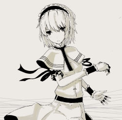 Rule 34 | 1girl, alice margatroid, capelet, female focus, fingerless gloves, gloves, greyscale, hairband, jewelry, monochrome, psi (spearbirds), ring, solo, spearbirds, string, touhou, wrist cuffs