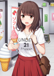 Rule 34 | 1girl, :d, arrow (symbol), bag, blush, brown eyes, brown hair, clothes writing, collarbone, crescent, crescent necklace, english text, food, food on face, handbag, holding, holding food, holding ice cream, ice cream, ice cream cone, ice cream on face, indoors, jewelry, long hair, looking at viewer, nakamura sumikage, necklace, open mouth, original, pleated skirt, poster (object), red skirt, revision, shirt, short sleeves, shoulder bag, sign, skirt, smile, soft serve, solo, tile floor, tiles, translation request, white shirt