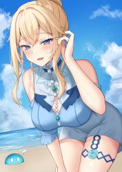 Rule 34 | 1girl, :d, bad id, bad twitter id, bare shoulders, beach, beads, blonde hair, blue eyes, blue flower, blue shirt, blue sky, blush, breasts, cleavage, cleavage cutout, clothing cutout, cloud, cloudy sky, cowboy shot, day, detached sleeves, flower, genshin impact, tucking hair, high-waist skirt, highres, jean (genshin impact), large breasts, leaning forward, looking at viewer, mikoto paint, ocean, open mouth, outdoors, sand, shirt, short sleeves, sidelocks, skirt, sky, slime (genshin impact), smile, solo, standing, sweatdrop, thighlet, thighs, turtleneck
