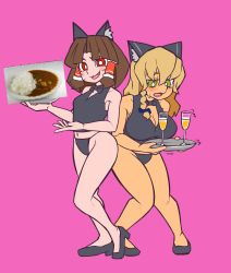 Rule 34 | 2girls, absurdres, alcohol, animal ears, benikurage (cookie), black bow, black bowtie, black footwear, black shirt, blonde hair, blue bow, blush, bow, bowtie, braid, breasts, bright pupils, brown hair, cat ears, champagne, champagne flute, cleavage, cleavage cutout, clothing cutout, commentary request, cookie (touhou), crop top, cup, curry, curry rice, drinking glass, fang, food, full body, green eyes, hair between eyes, hair bow, hakurei reimu, high heels, highres, holding, holding tray, jijii (nicoseiga91467756), kirisame marisa, large breasts, long hair, looking at viewer, mars (cookie), multiple girls, navel, no socks, open mouth, parody, pink background, red eyes, rice, scotch (cookie) (style), shirt, side braid, simple background, single braid, sleeveless, sleeveless shirt, small breasts, smile, standing, style parody, sweatdrop, touhou, tray, white pupils