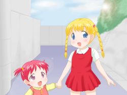 Rule 34 | 2girls, animated, animated gif, blonde hair, child, dress, ekikon kenkyuukai, happy, holding hands, multiple girls, open mouth, purple eyes, red dress, red hair, twintails