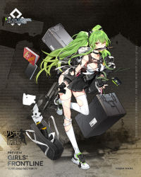 Rule 34 | 1girl, artist request, bag, black gloves, black neckwear, black sailor collar, black skirt, blush, bomb, book, breasts, calico light weapons systems, calico m950, calico m950a, character name, cheek pistol, cleavage, combat knife, copyright name, damaged, double-stack magazine, explosive, fingerless gloves, full body, girls&#039; frontline, gloves, green hair, green nails, grenade, gun, hand grenade, handgun, headgear, helical magazine, high-capacity magazine, highres, holding, holding gun, holding weapon, id card, knife, leg up, long hair, m950a (girls&#039; frontline), m950a (mod3) (girls&#039; frontline), machine pistol, magazine (weapon), medium breasts, mod3 (girls&#039; frontline), mouth hold, nail polish, official alternate costume, official art, paper, pencil, pistol, pleated skirt, sailor collar, school uniform, serafuku, shirt, shoes, skirt, smoke, sneakers, solo, stubby grip, sweat, thighhighs, torn clothes, torn shirt, torn skirt, torn thighhighs, two side up, vertical forward grip, weapon, white thighhighs, yellow eyes