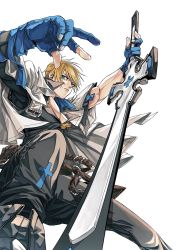 Rule 34 | 1boy, absurdres, belt, blonde hair, blue eyes, blue gloves, cross, dong hole, fingerless gloves, gloves, guilty gear, guilty gear strive, highres, holding, holding weapon, jacket, male focus, pectorals, short hair, simple background, solo, sword, weapon, white background, white jacket