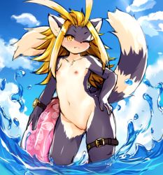 Rule 34 | 1girl, antenna hair, blonde hair, blue fur, blush, body fur, cleft of venus, cloud, cloudy sky, contrapposto, day, female focus, flat chest, fullbokko heroes, furry, furry female, hand on own hip, holding, holding swim ring, innertube, kida kuro mu, long hair, looking at viewer, multicolored fur, multicolored hair, multiple tails, navel, nipples, nude, one eye closed, partially submerged, pussy, raiju (fullbokko heroes), sky, solo, swim ring, tail, thigh strap, wading, water, white fur, white hair, yellow eyes
