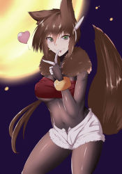 Rule 34 | 1girl, aile (mega man zx), animal ears, bodystocking, bracelet, breasts, brown hair, brown tail, covered navel, finger to mouth, full moon, green eyes, hair between eyes, hair ears, halloween, heart, highres, jewelry, medium breasts, mega man (series), mega man zx, mega man zx advent, moon, robot ears, short shorts, shorts, smile, solo, strapless, tail, tgxx3300, tongue, tongue out, tube top, white shorts, wolf ears, wolf girl, wolf tail