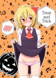 Rule 34 | +++, 1girl, argyle, ascot, blonde hair, blush, breasts, closed mouth, collared shirt, commentary request, cowboy shot, dot mouth, embarrassed, english text, furrowed brow, halloween, highres, jack-o&#039;-lantern, looking at viewer, no nose, orange background, panties, pink panties, red ascot, red eyes, rumia, self exposure, shirt, short hair, simple background, small breasts, solo, spoken blush, standing, star (symbol), sweatdrop, teoi (good chaos), thighhighs, touhou, trick or treat, underwear, upper body, white shirt, white sleeves, white thighhighs, wing collar