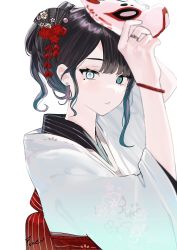 Rule 34 | 1girl, arms up, black hair, blue eyes, braid, eyebrows hidden by hair, flower, green eyes, hair between eyes, hair flower, hair ornament, hairclip, highres, japanese clothes, jewelry, kimono, long hair, looking at viewer, mask, mask on head, unworn mask, multicolored eyes, original, ribbon, ring, simple background, solo, upper body, white background, yougashi