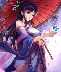 Rule 34 | 1girl, animal, bare shoulders, blue kimono, blurry, blurry foreground, braid, breasts, bug, butterfly, butterfly on hand, closed mouth, commentary request, depth of field, fingernails, hair bun, highres, holding, holding umbrella, insect, japanese clothes, kimono, liu guniang, long hair, long sleeves, looking at viewer, medium breasts, oil-paper umbrella, petals, purple eyes, purple hair, red umbrella, sidelocks, single hair bun, solo, standing, umbrella, very long hair, wide sleeves, xianjian qixia zhuan