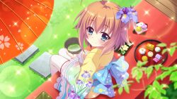 Rule 34 | 1girl, ahoge, blue eyes, blue flower, blue sash, brown hair, cup, dot nose, film grain, floral print, flower, food, from above, from behind, furisode, game cg, grass, green tea, hair flower, hair ornament, holding, holding cup, izumi tsubasu, japanese clothes, kimono, lace trim, lens flare, looking at viewer, non-web source, official art, oil-paper umbrella, on bench, re:stage!, red umbrella, sash, shikimiya mana, short hair, sitting, smile, solo, sparkle, tea, thighhighs, umbrella, wagashi, white thighhighs, white trim, yellow kimono