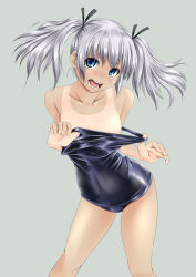 Rule 34 | 1girl, aqua eyes, bare shoulders, blue eyes, blush, clothes pull, collarbone, emperor zuou, female focus, grey background, hair ribbon, highres, hip focus, looking at viewer, one-piece swimsuit, one-piece swimsuit pull, open mouth, original, ribbon, school swimsuit, shiny clothes, short hair, silver hair, simple background, solo, standing, swimsuit, tan, tanline, twintails, undressing